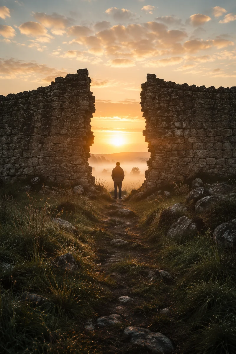 Redemption Sunrise Through Broken Stone Wall