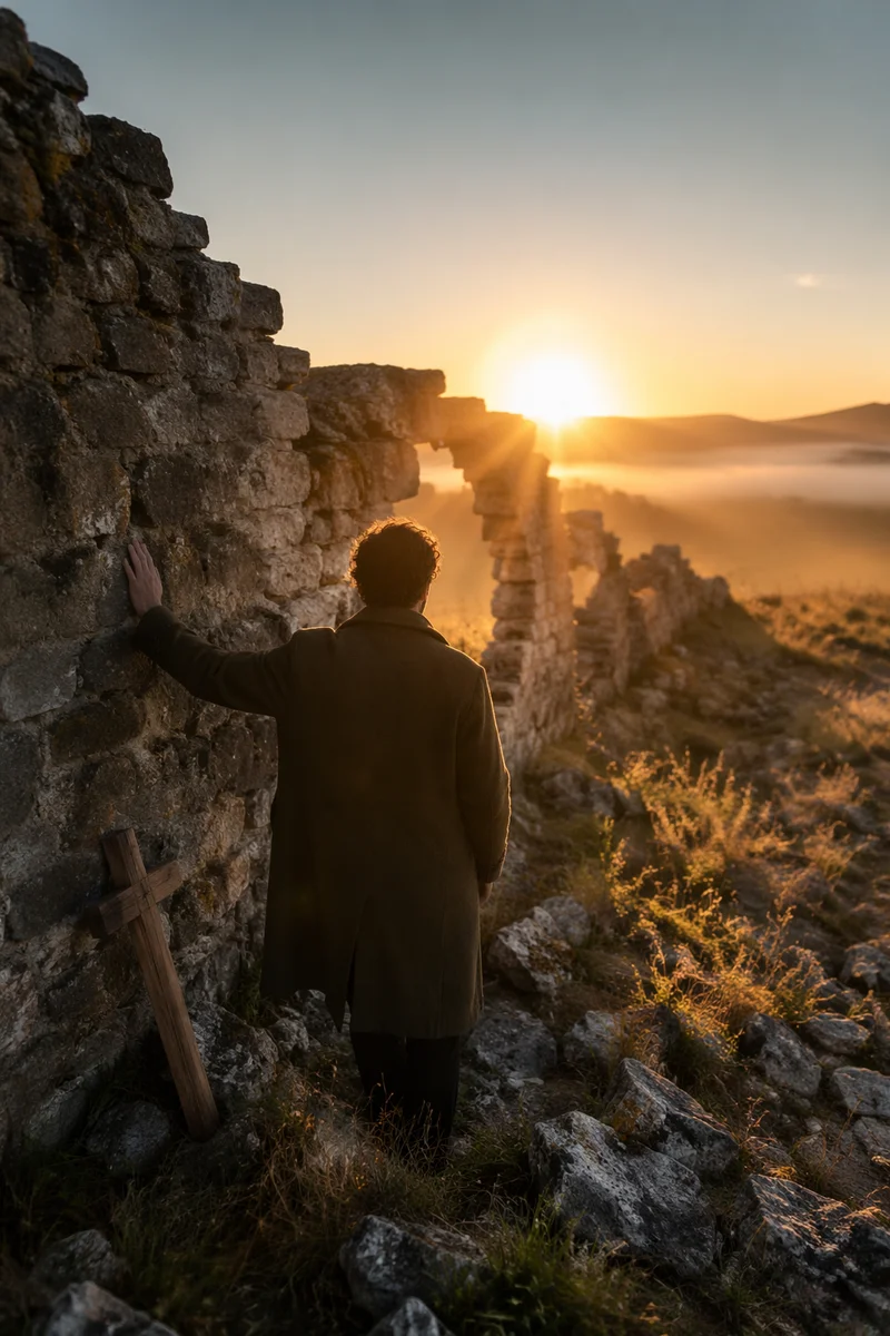 Redemption Sunrise Beyond Broken Stone Wall