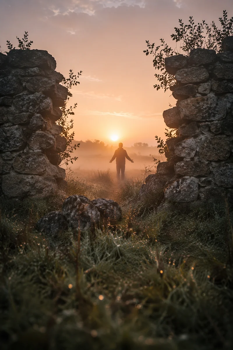 Redemption Sunrise Through Broken Stone Wall