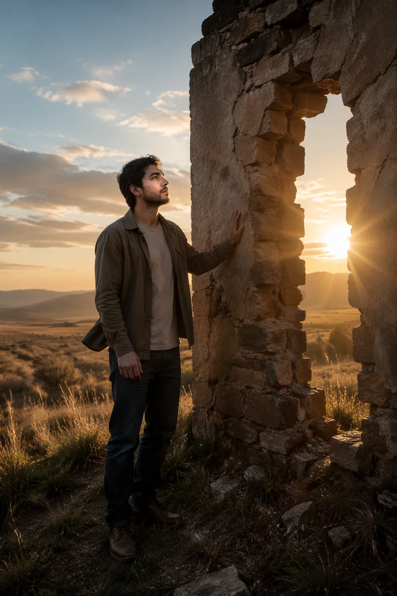 Young Man by Broken Wall at Sunrise