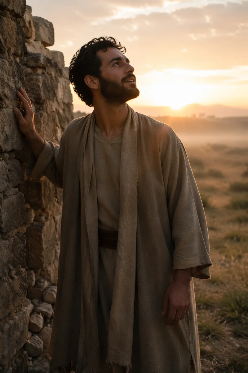 Man Beside Broken Wall at Sunrise