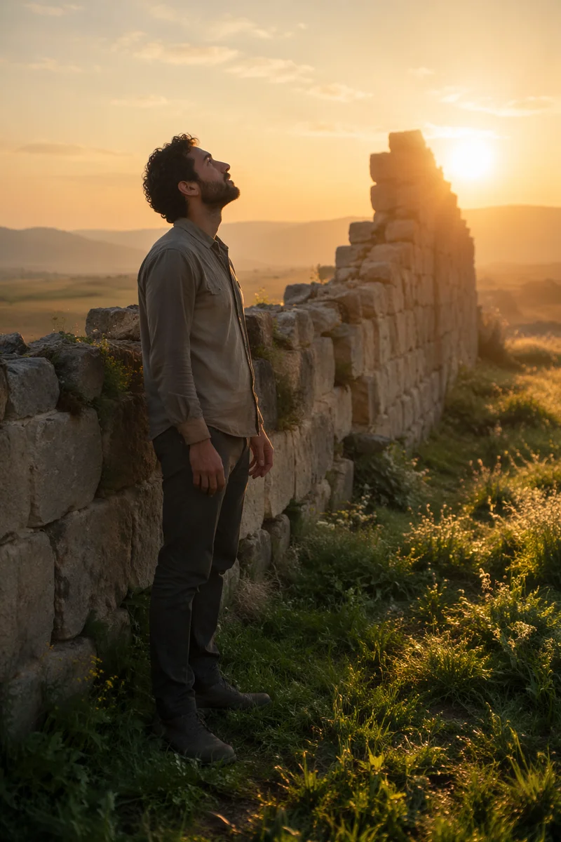 Young Man by Broken Stone Wall