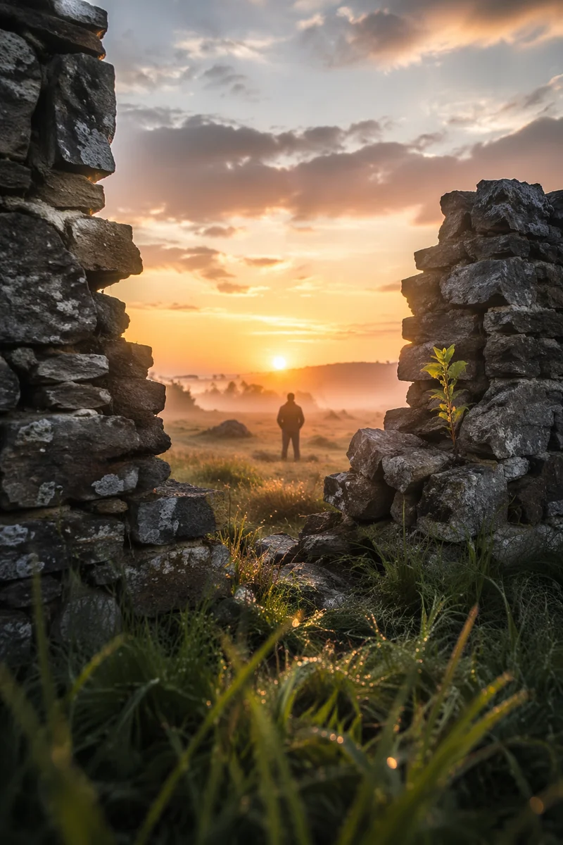 Redemption Sunrise Beyond a Broken Stone Wall