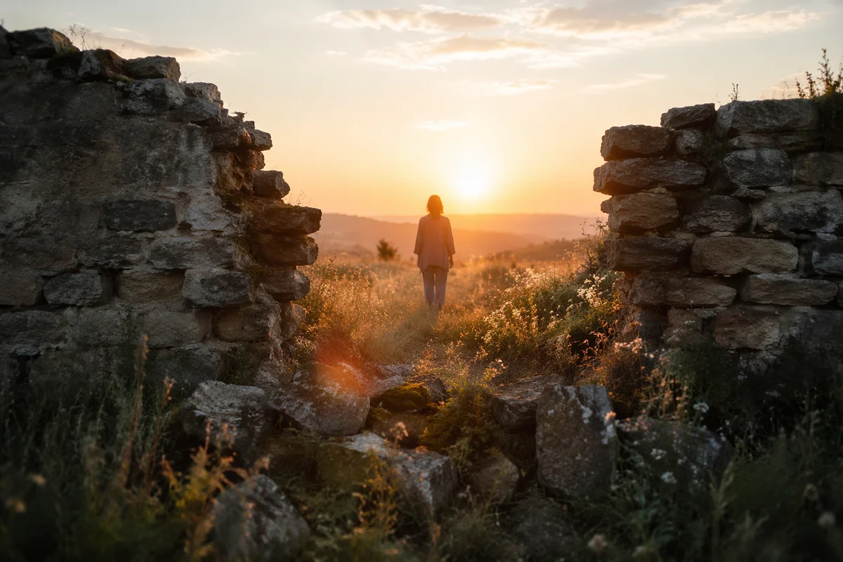 Redemption Sunrise Through Broken Stone Wall
