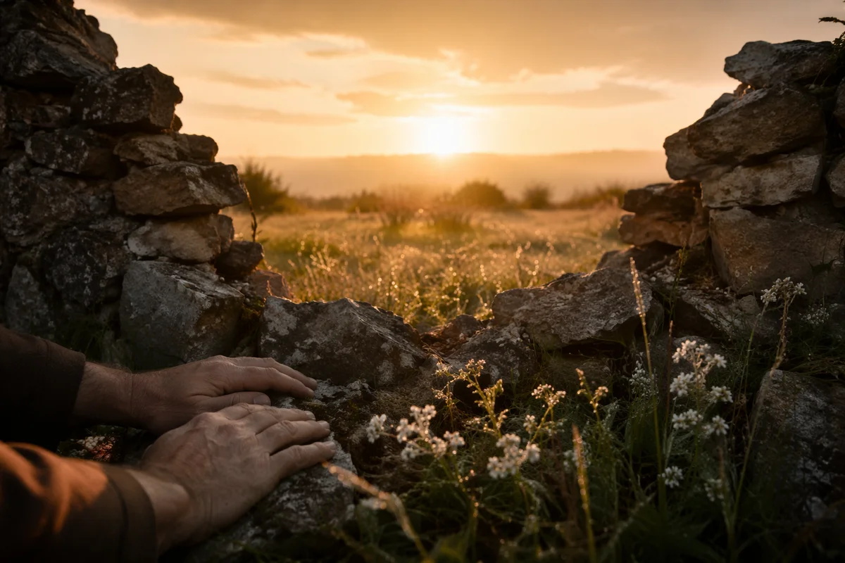 Redemption Sunrise Through a Broken Stone Wall