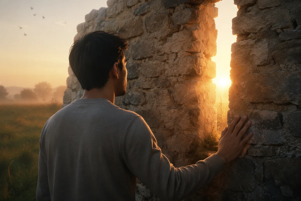 Man by Cracked Stone Wall at Sunrise