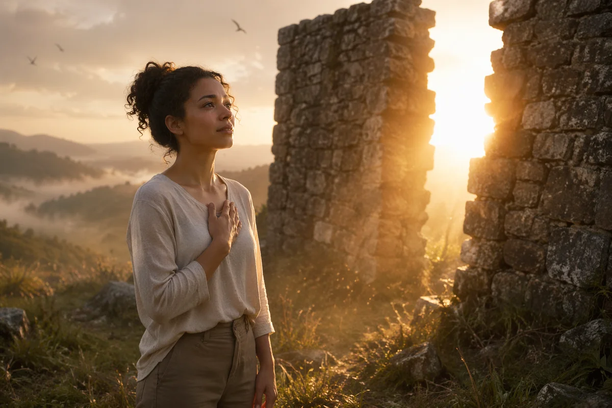 Woman by Split Stone Wall at Sunrise