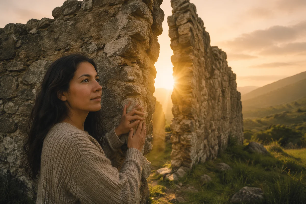 Woman by Broken Stone Wall at Sunrise