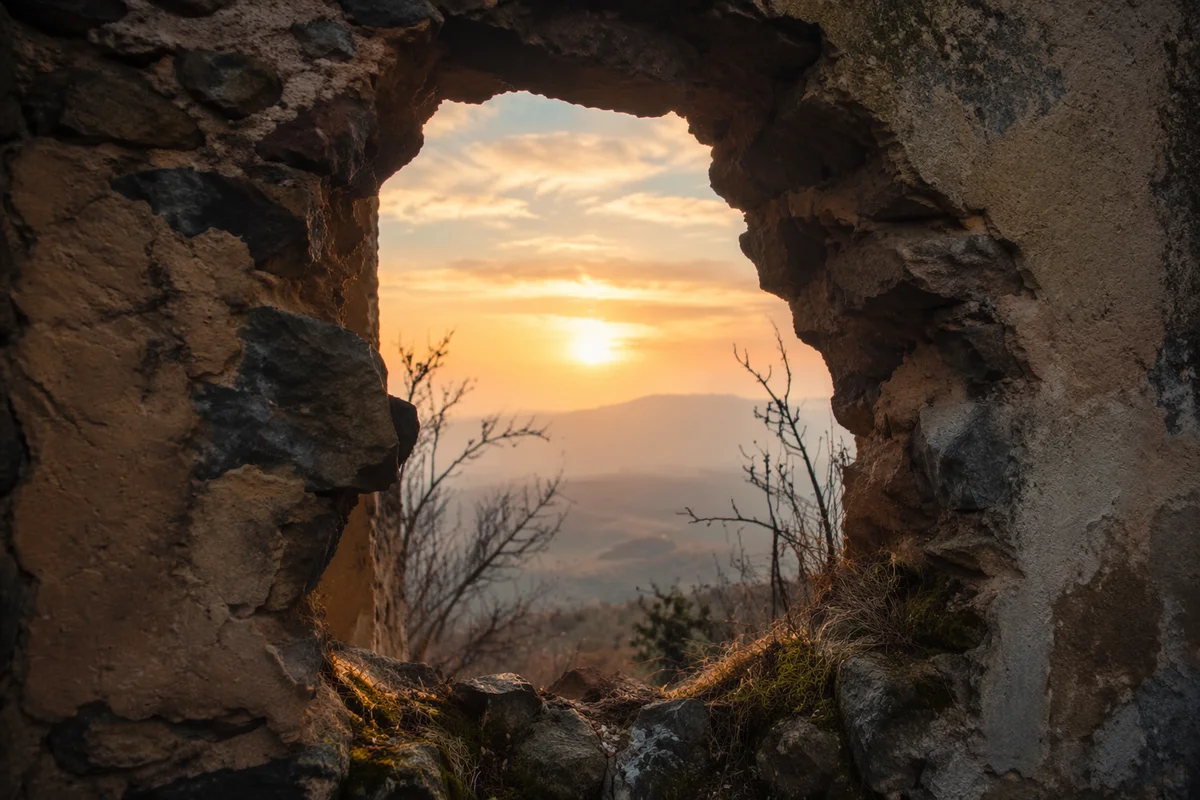 Redemption Sunrise Through Broken Stone Wall