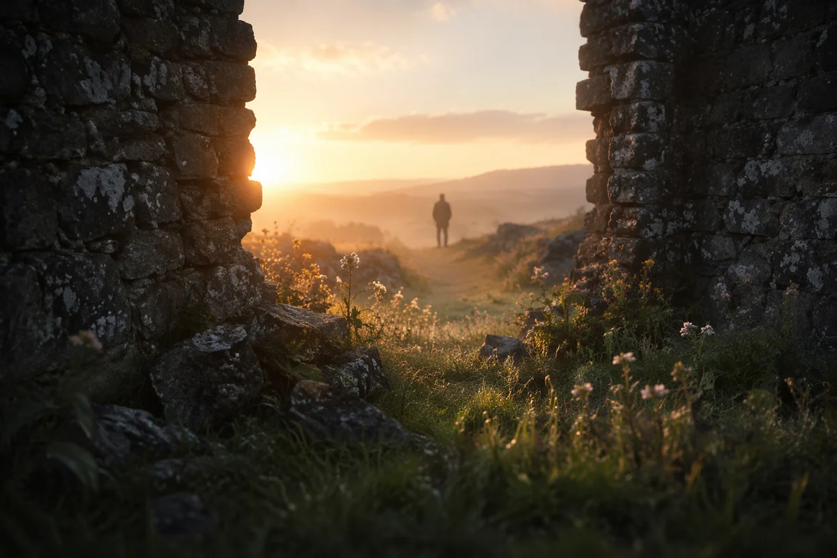 Redemption Sunrise Through a Broken Stone Wall