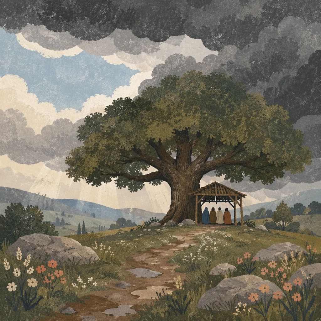 Refuge Beneath Ancient Oak in Storm