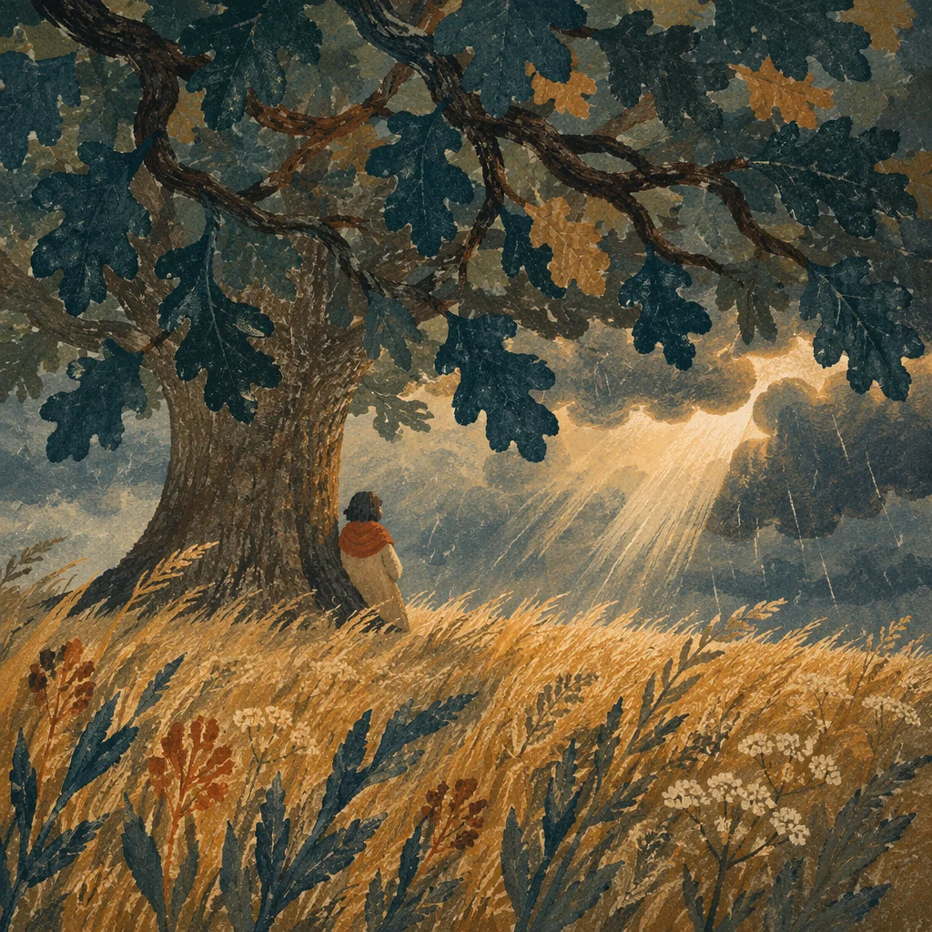 Refuge Beneath an Oak in Stormlight