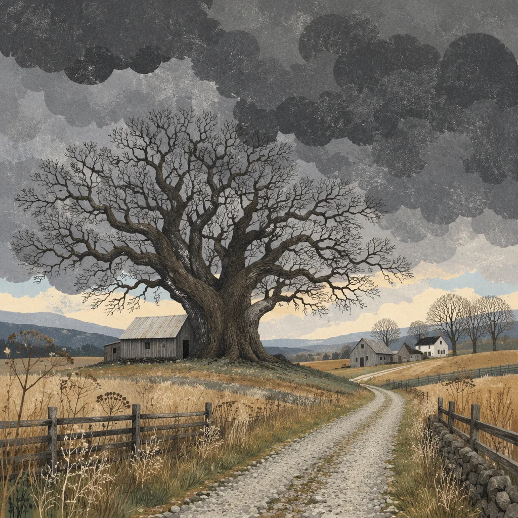 Refuge Beneath an Old Oak in Storm