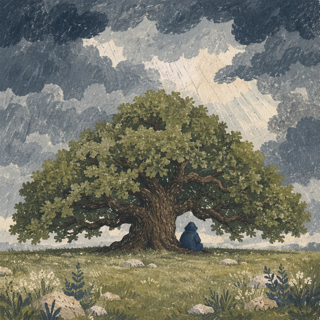 Refuge Beneath Oak in Storm