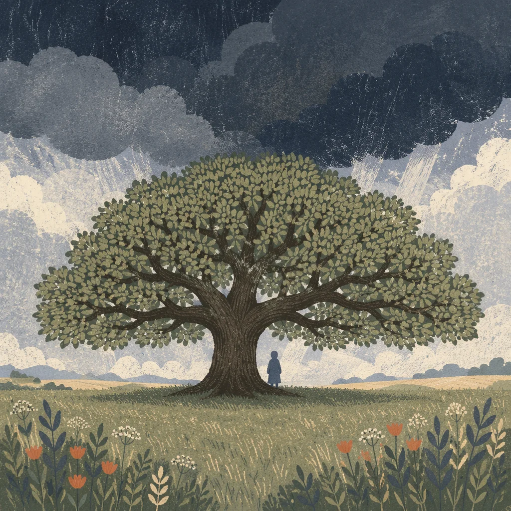 Refuge Beneath Great Oak in Storm