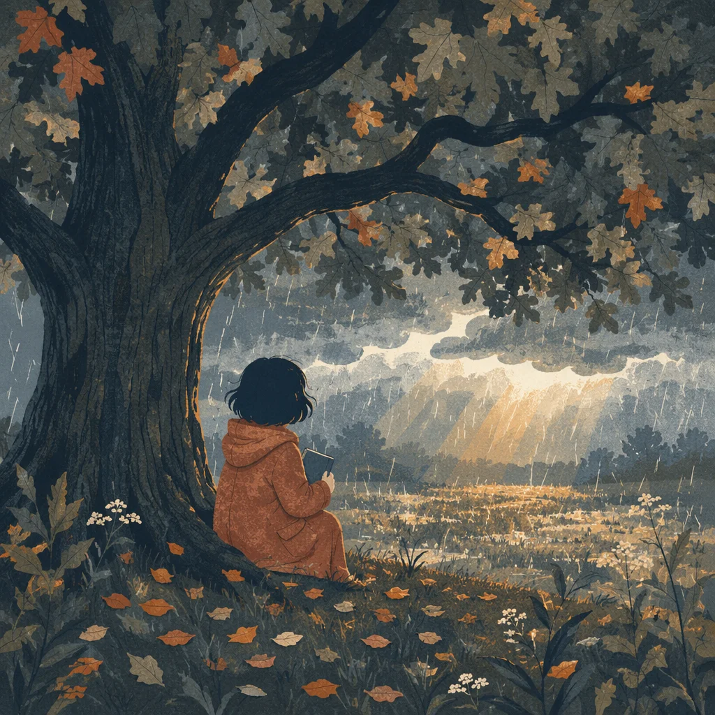 Refuge Beneath an Oak in Storm