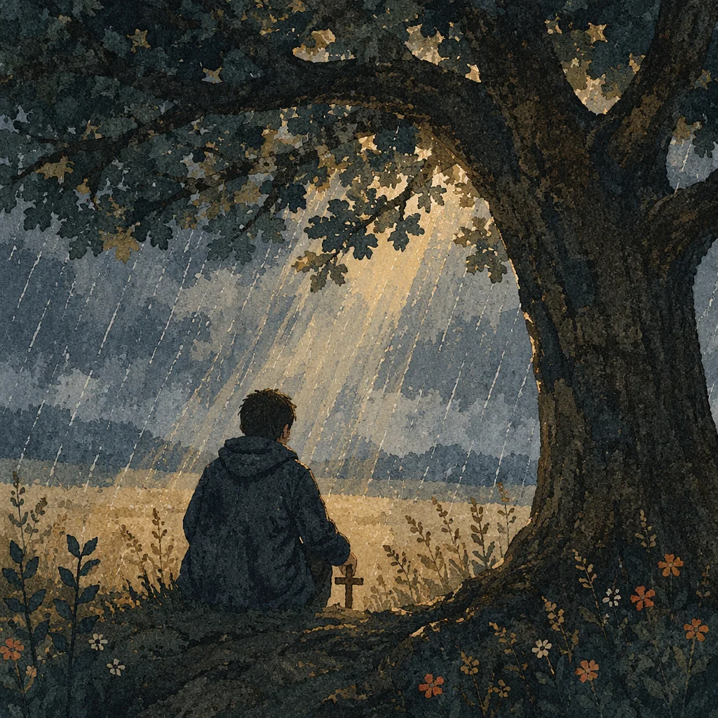 Refuge Beneath Great Oak in Storm