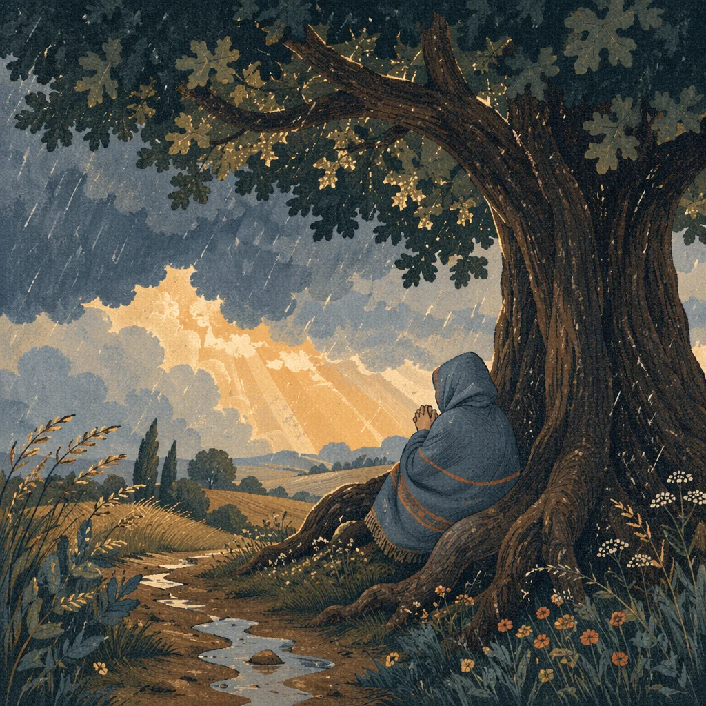 Refuge Beneath Great Oak During Storm