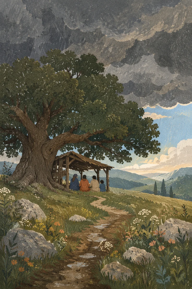 Refuge Beneath Ancient Oak in Storm