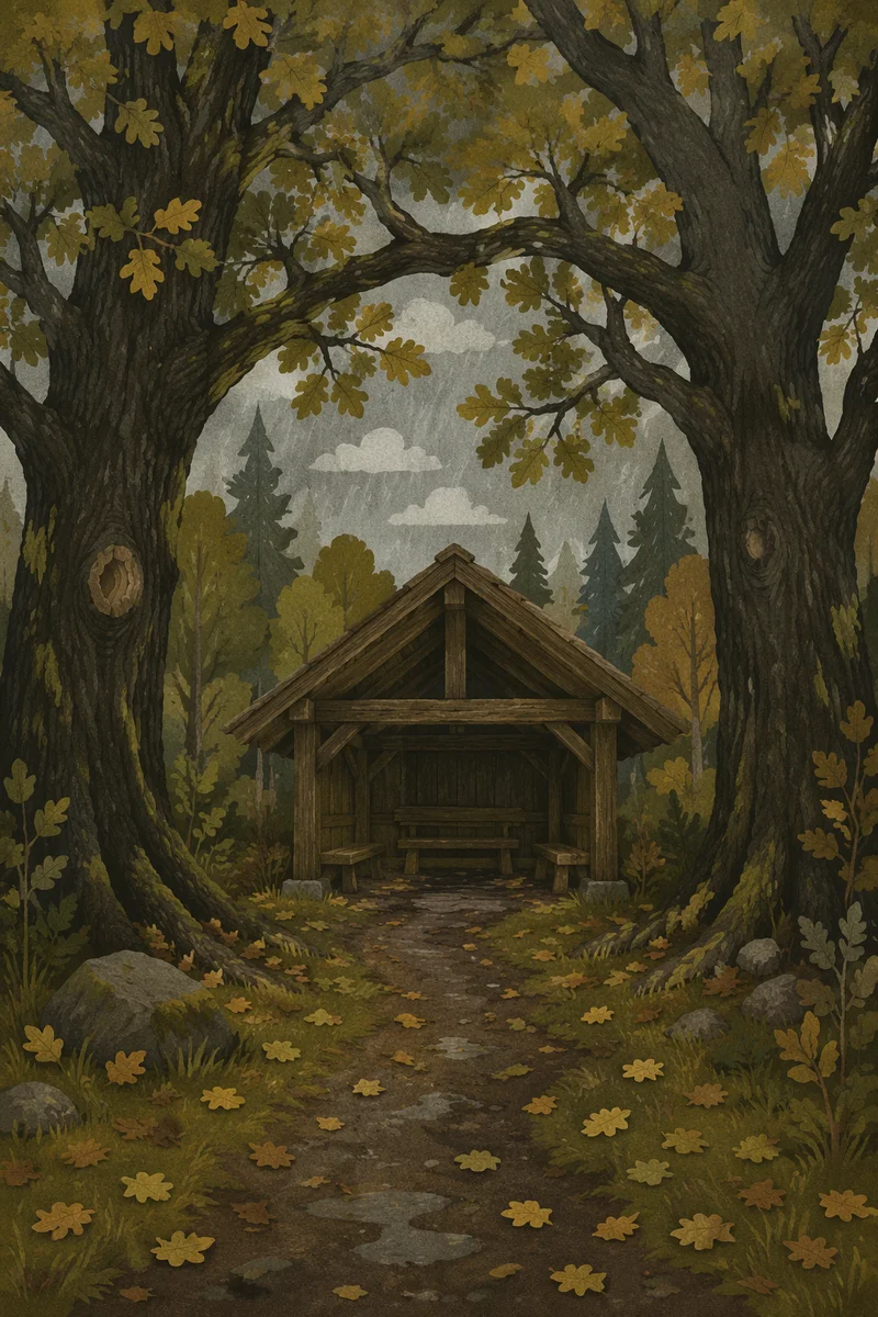 Refuge Beneath Stormy Oak Trees