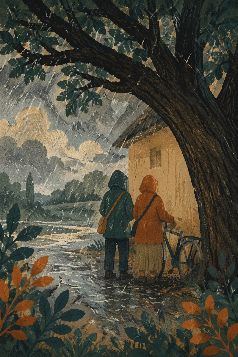 Refuge Beneath Great Oak in Storm