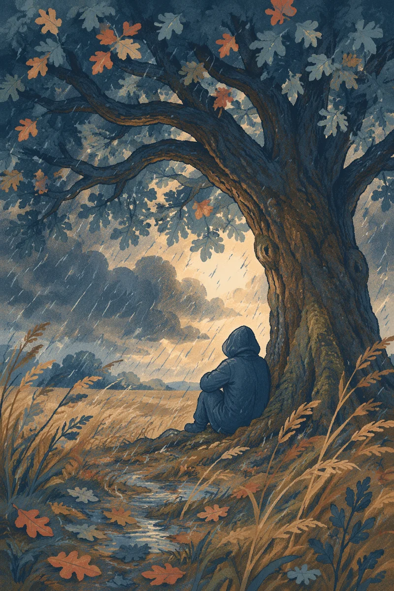 Shelter Beneath Oak Tree in Storm