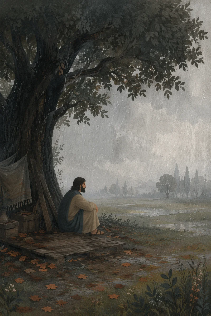 Shelter Beneath Ancient Oak in Storm