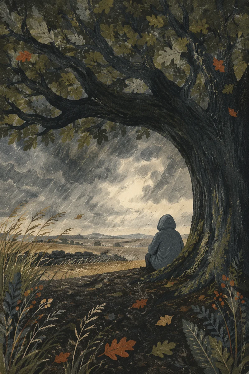 Refuge Beneath an Oak During Storm