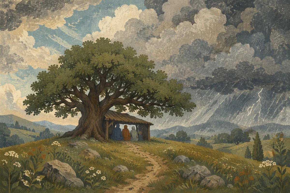 Refuge Beneath Ancient Oak in Storm