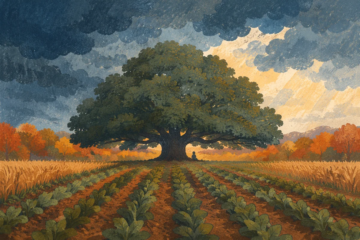 Refuge Beneath Great Oak in Storm