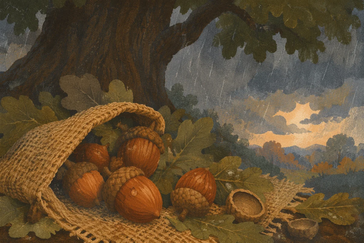 Acorns Sheltered Beneath Stormy Oak