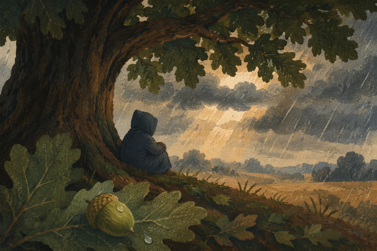 Refuge Beneath Great Oak in Storm