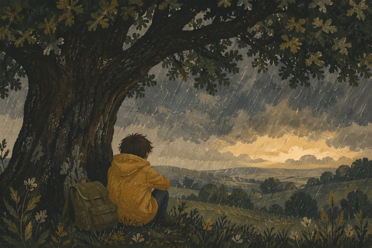Shelter Beneath Oak Tree in Storm
