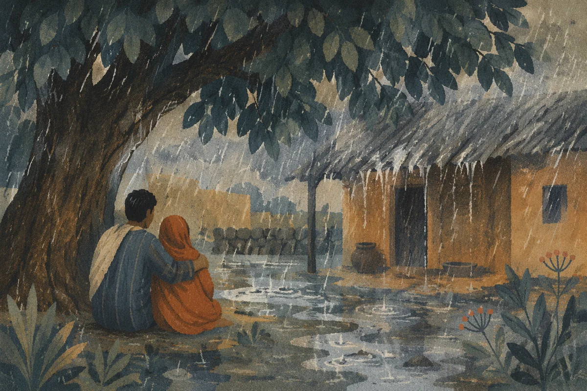 Refuge Beneath Oak Tree in Storm