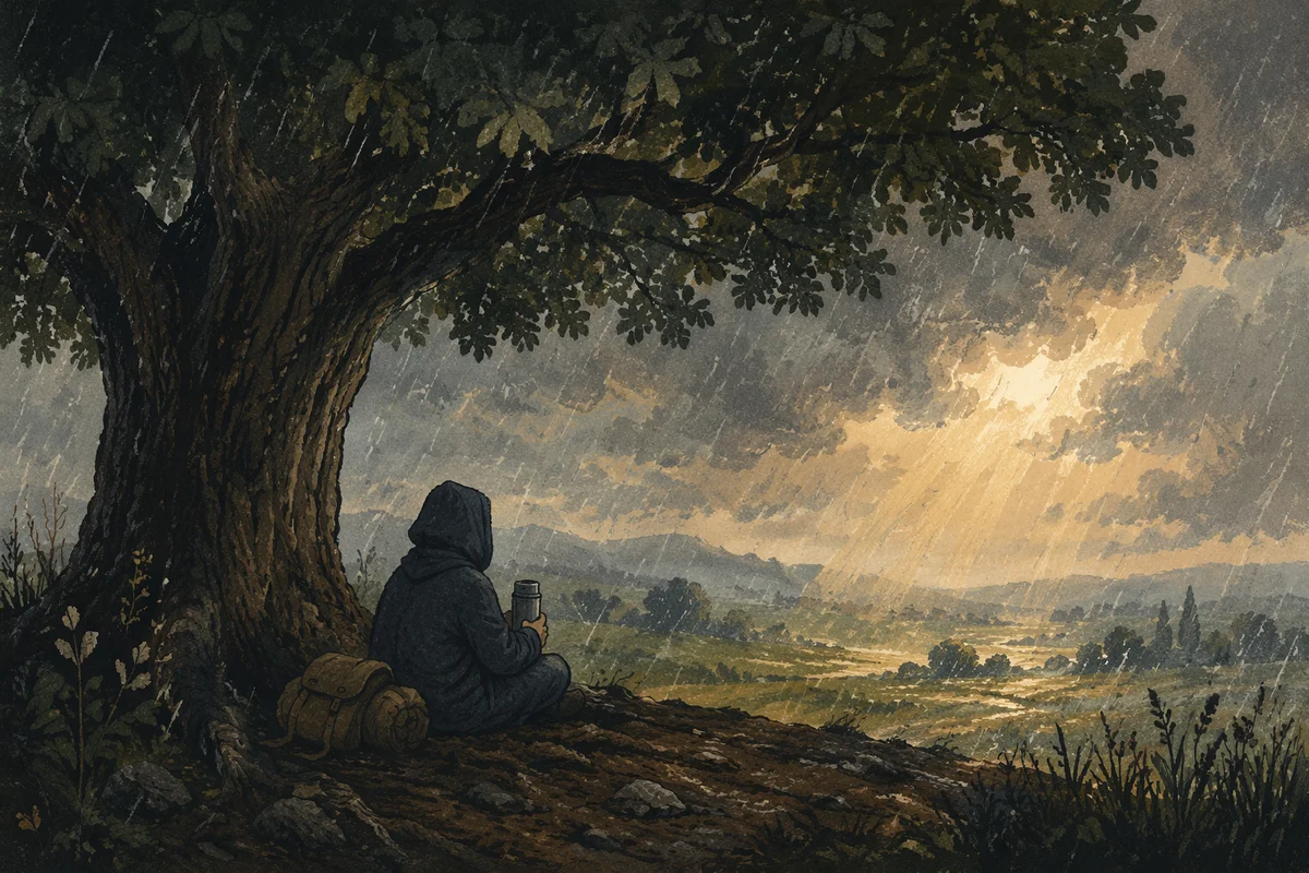 Traveler Sheltered Under Oak in Storm
