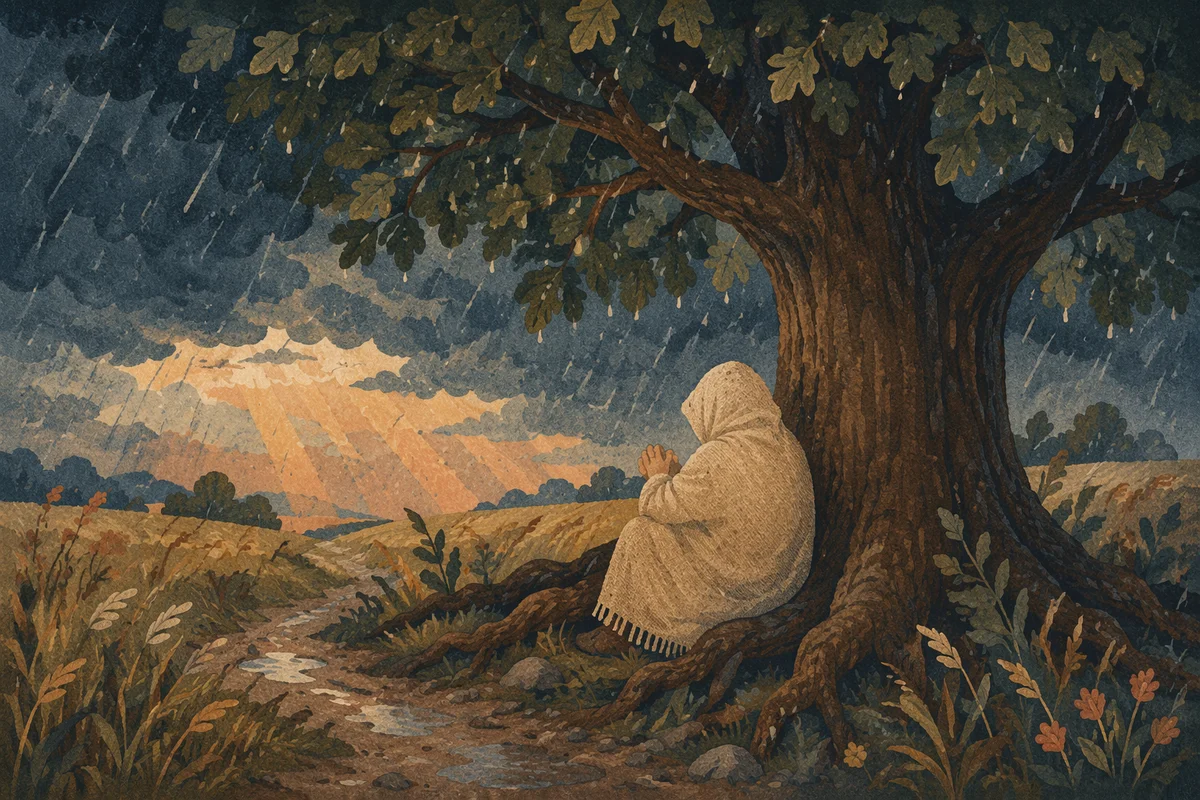 Refuge Beneath Great Oak in Storm