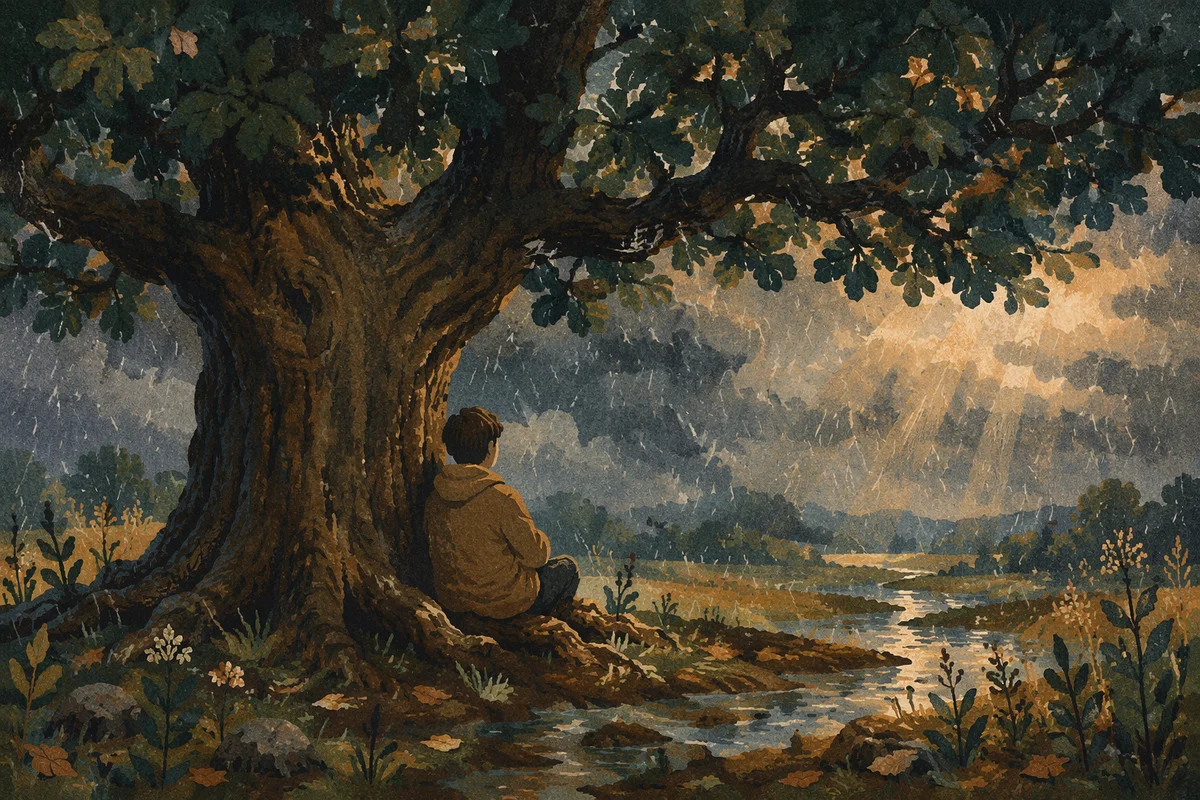 Refuge Beneath Ancient Oak in Storm