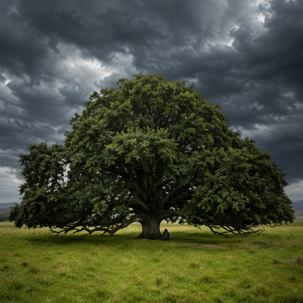 Refuge Beneath an Oak in the Storm