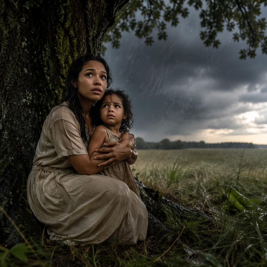 Mother and Child Beneath Stormy Oak
