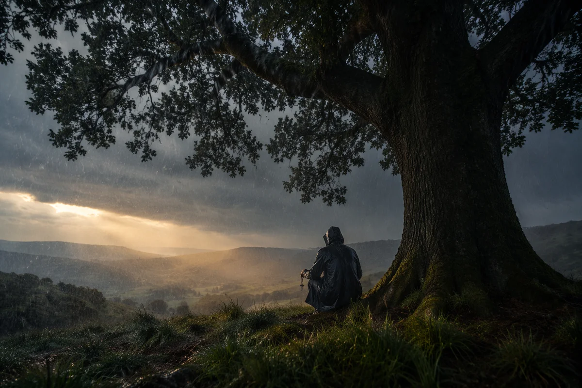 Refuge Beneath Great Oak in Storm