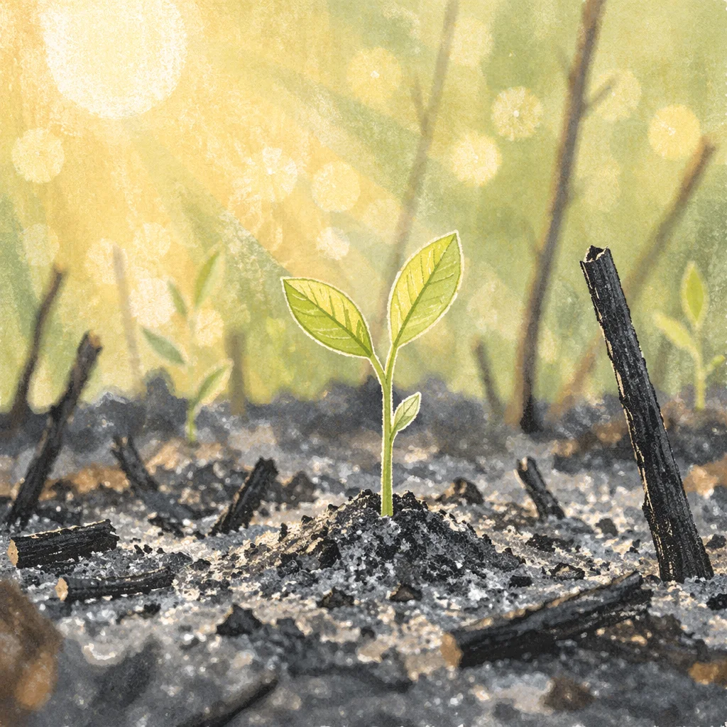 Fresh Green Shoot Rising From Ashes