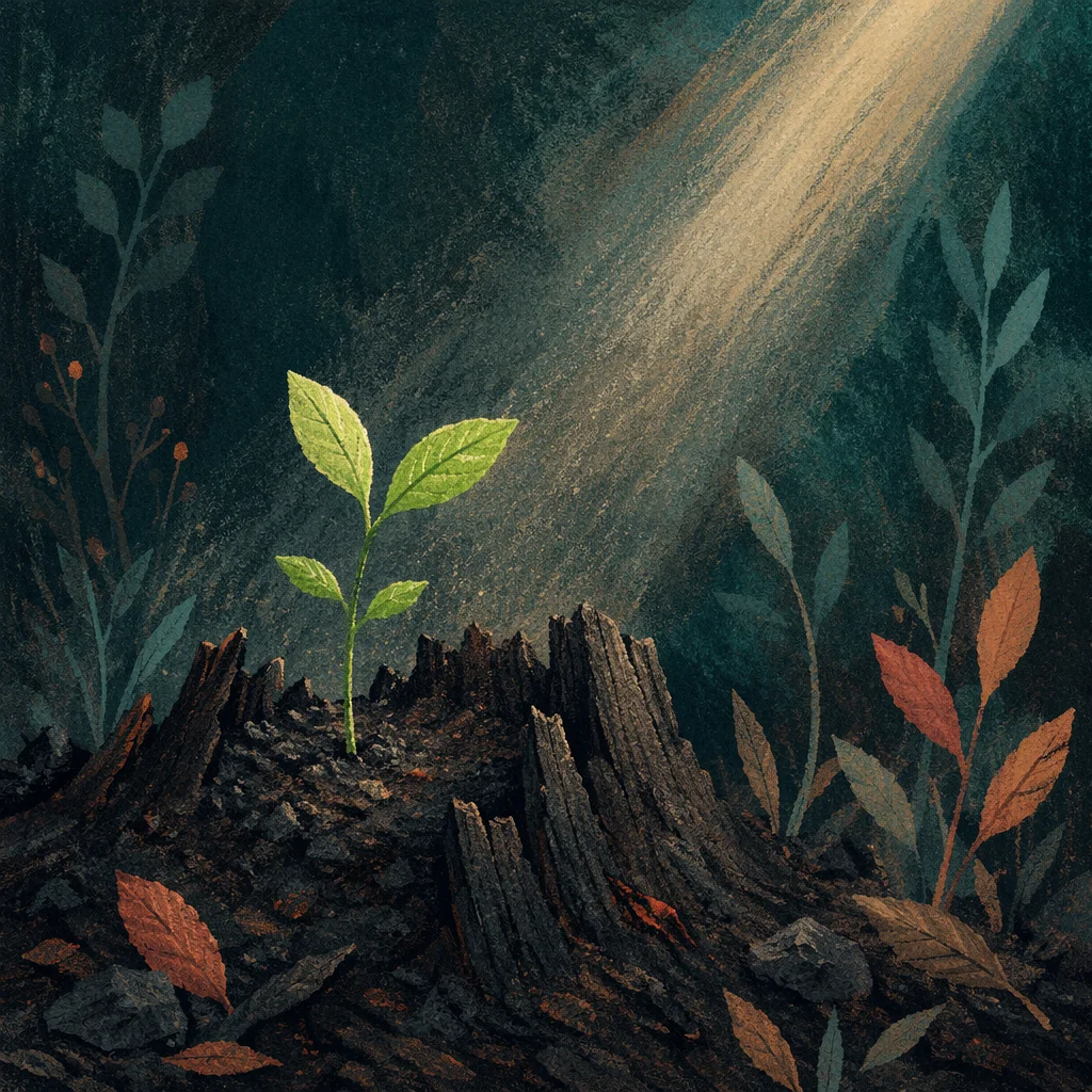 Fresh Green Shoot Rising From Ashes
