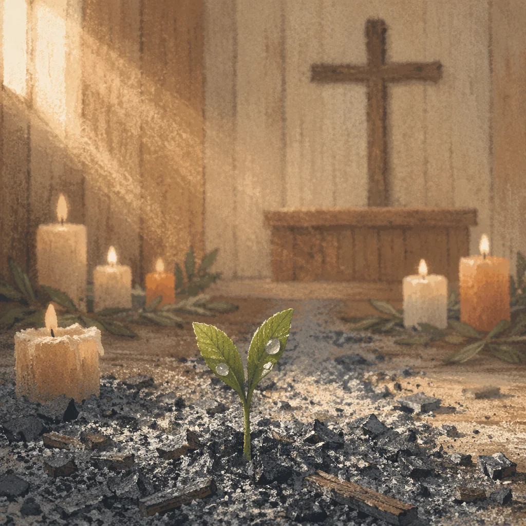 Green Shoot Rising Through Chapel Ashes