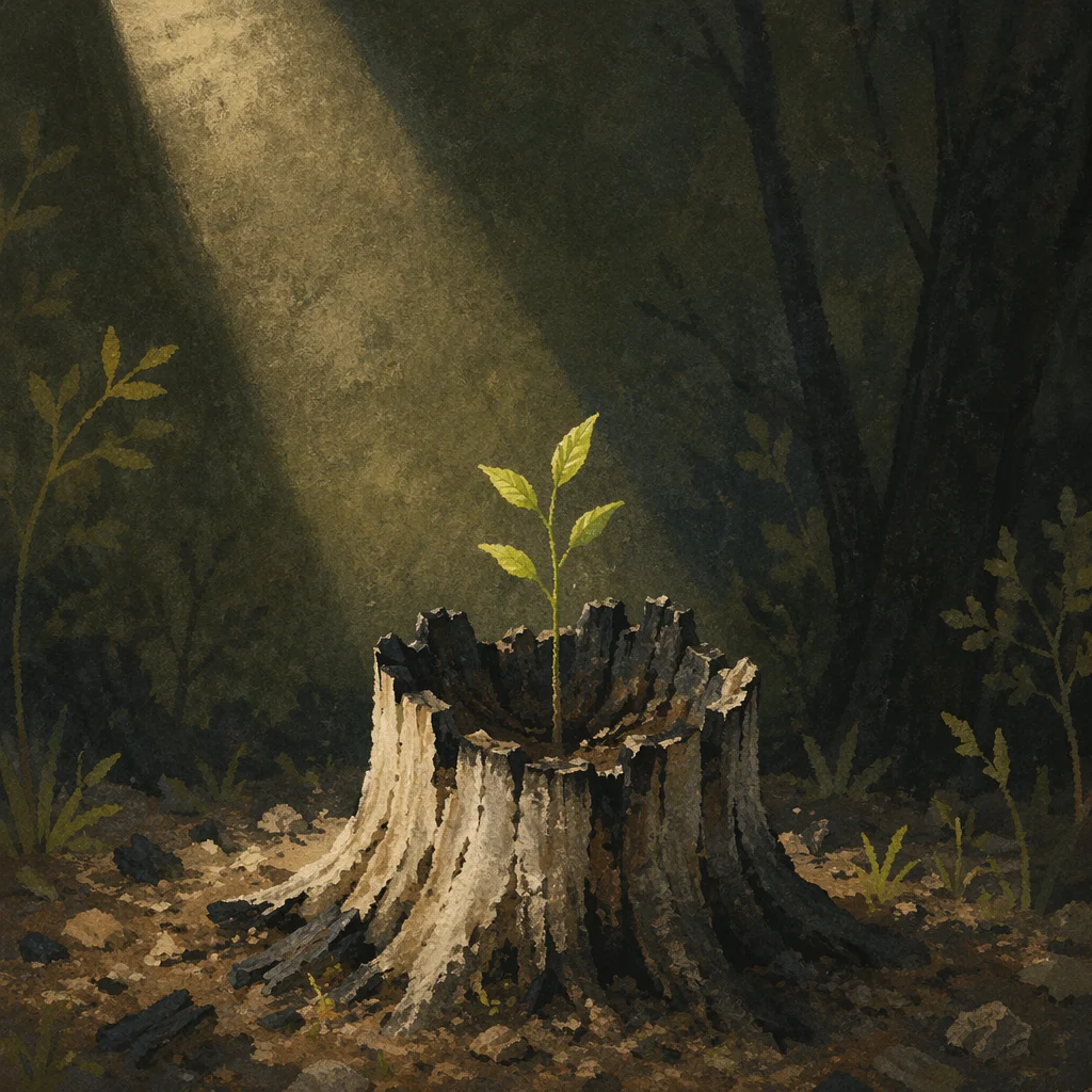 Green Shoot Rising From Charred Stump