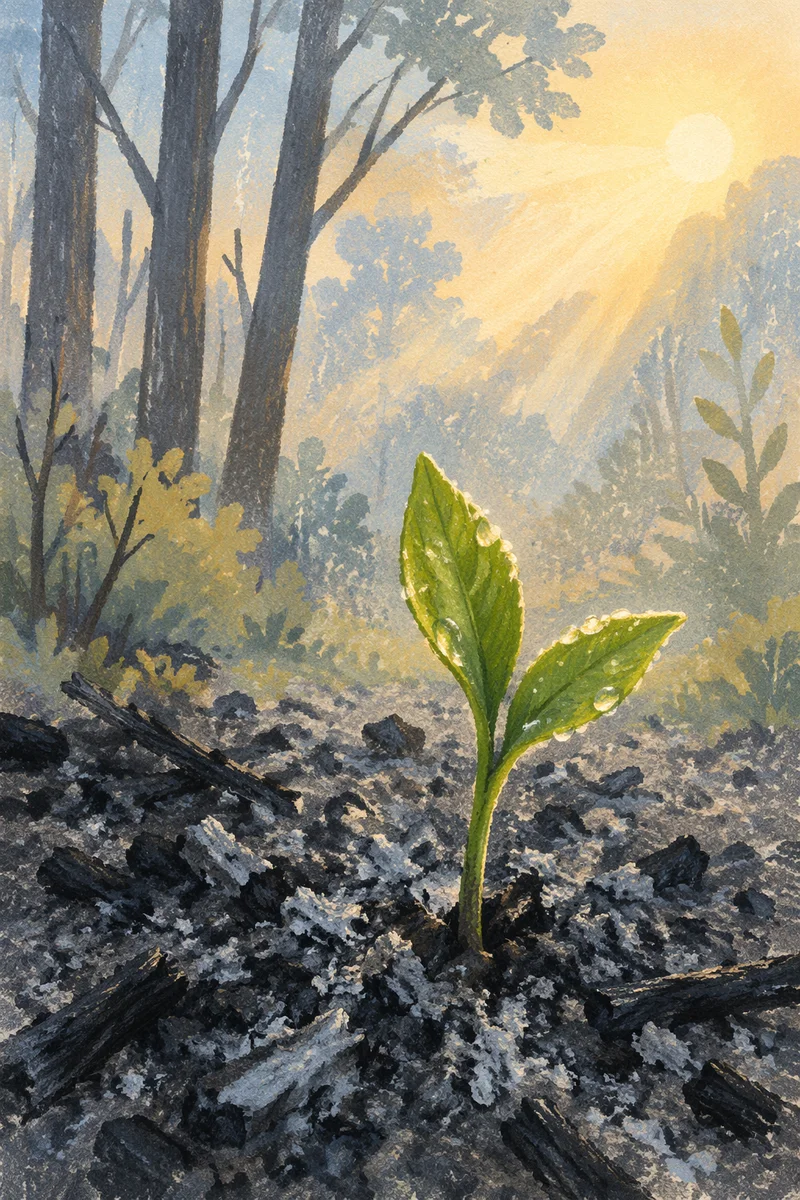 Green Shoot Rising from Ashes at Dawn