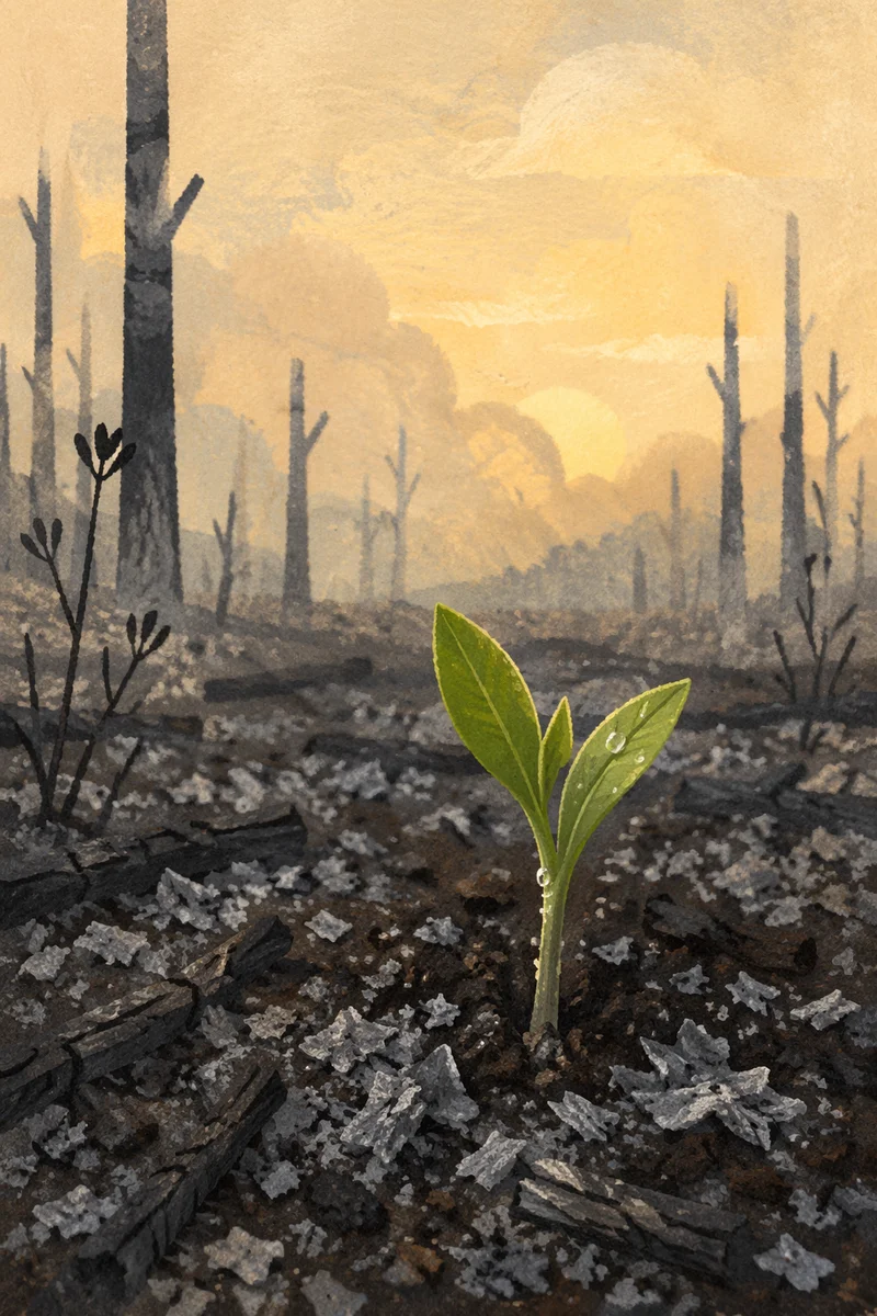 Green Shoot Rising from Ashes at Dawn