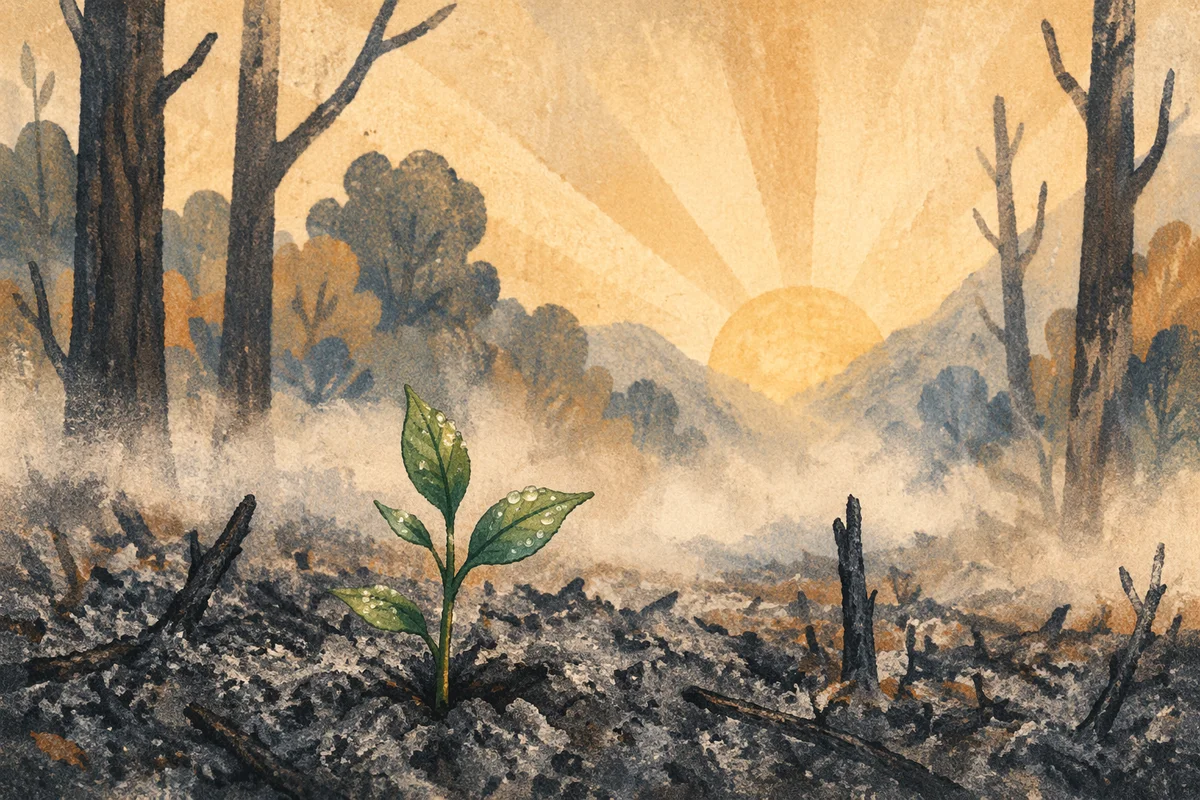 Hopeful Green Shoot Rising from Ashes