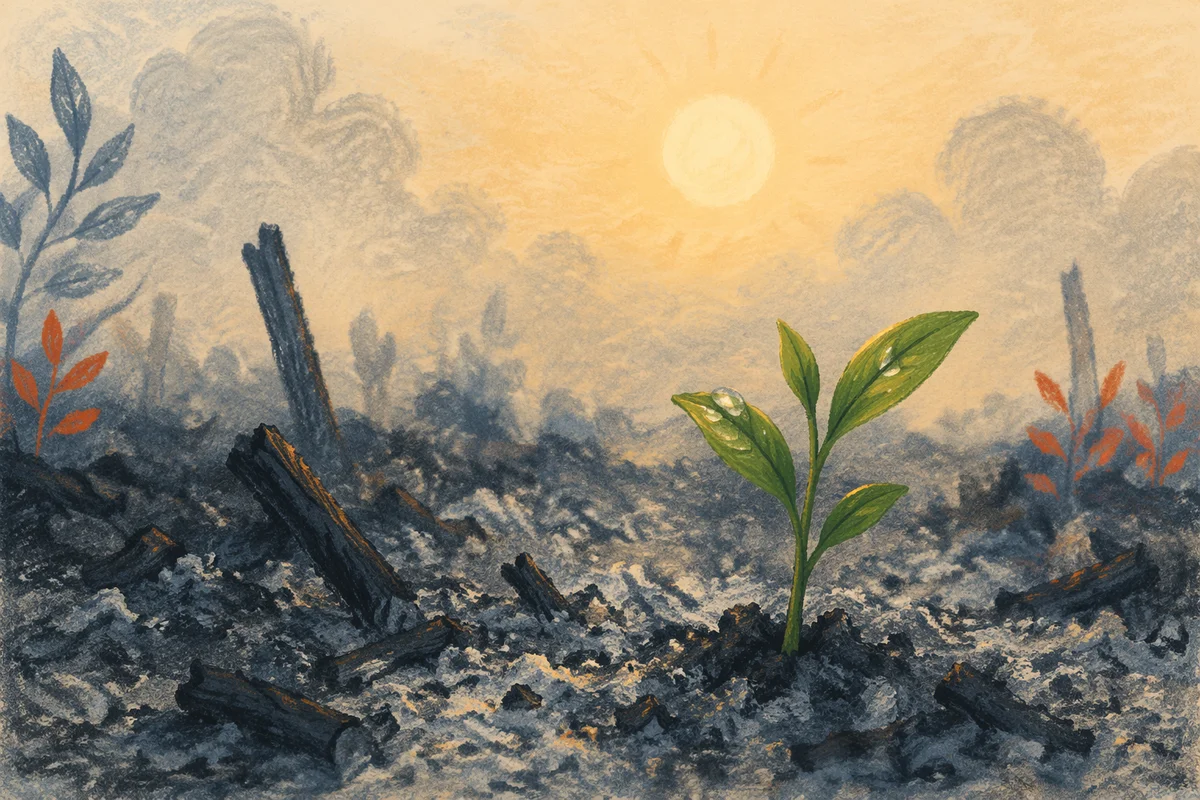Green Shoot Rising From Ashes at Dawn