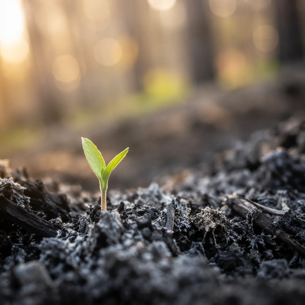 Green Sprout Rising From Ashes