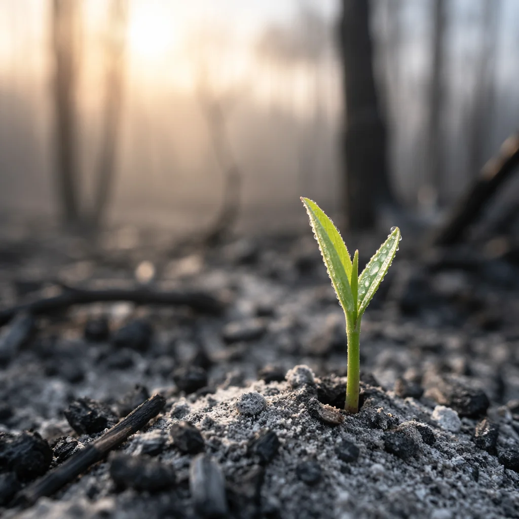 Fresh Green Shoot Rising From Ashes